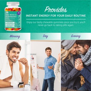May include: A bottle of Sea Moss & Elderberry gummies with a green label and a blue and purple background. The label says "Provides Instant Energy for Your Daily Routine". The bottle is surrounded by three images of people in different settings: a man brushing his teeth in the morning, a man giving a presentation during the day, and a couple holding hands in the evening.
