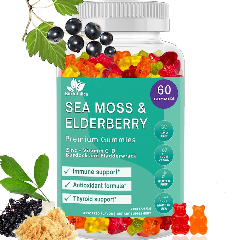 May include: A bottle of 60 Sea Moss & Elderberry gummies, labeled as premium gummies with zinc, vitamin C and D, burdock and bladderwrack. The bottle is green and white with a label that says "Bio Vitalica" and has a picture of a gummy bear. The bottle is surrounded by gummy bears in various colors.