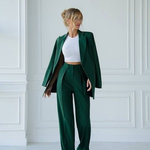 Emerald green women pantsuit,  Emerald Blazer Trousers Womens, Wedding Guest Suit, Formal Strong Suit, Business Outfit