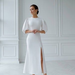 White Civil Wedding Dress, White Midi Dress with Half Sleeves and high Leg Slit, Special Occasion Dress, Bridal Simple Dress