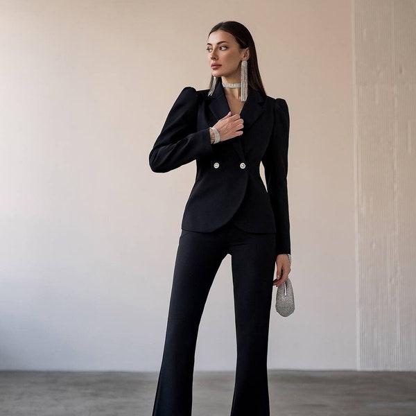 Black women pantsuit, office women suit, blazer trousers set, prom suit, wide leg pants, suit, business suit