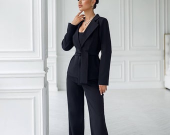 Bell Bottom Pants Suit Set With Black Blazer, Puffed Sleeve Blazer for  Women, Black Trouser Set for Women, Black Pants Suit Set Womens -  India