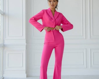 Light Pink Blazer Trouser Suit Set for Women, Pink Pantsuit With Oversized  Blazer and Wide Leg Pants, Women's Business Suit 