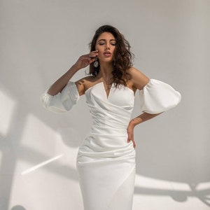 White royal atlas dress ( bridesmaid wedding prom dress wedding dress midi length) for women by Vils