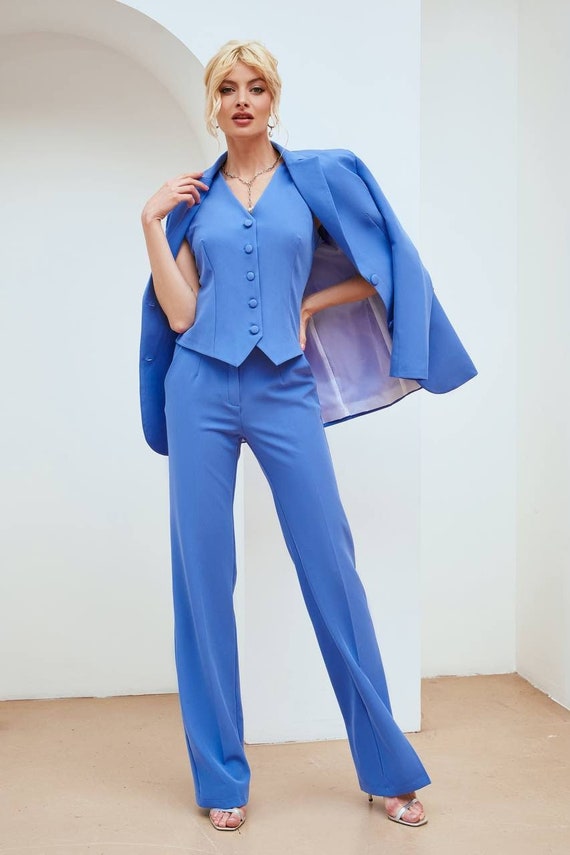 Blue Office Suit, Three Piece Suit Women, Blazer Set Suit, Wedding