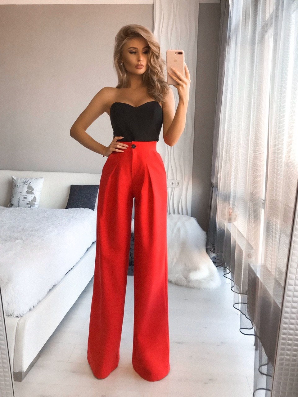 I See Fire Red High Waisted Wide Leg Trousers