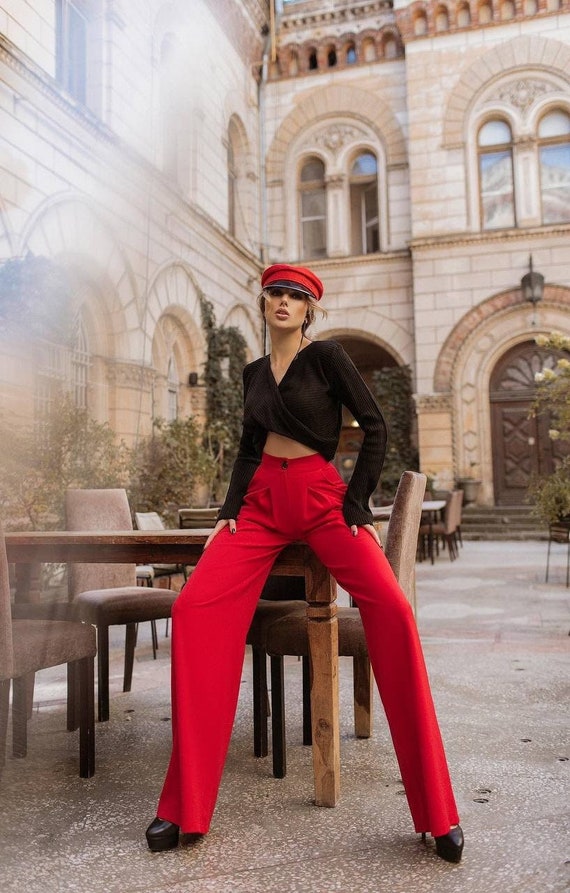 Red Women Pants, High Waist Pants, Red Palazzo Pants, Office Pants