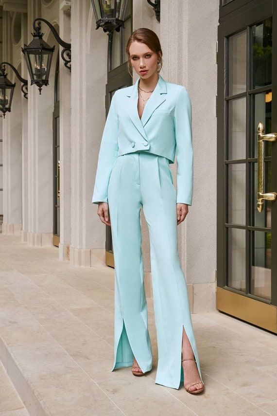 Blue Two Piece Suit, Bridal Pantsuit, Wedding Guest Suit, Cropped Blazer  With Wide Leg Pants, Office Suit Set -  Canada