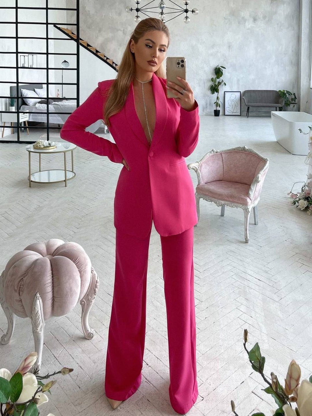 Wedding Guest Suit Pink Bridal Pantsuit Wide Leg Pants Etsy