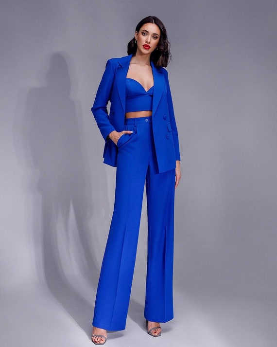 Royal Blue Three Piece Suit, Wedding Guest Suit, Bustier Top, Wide