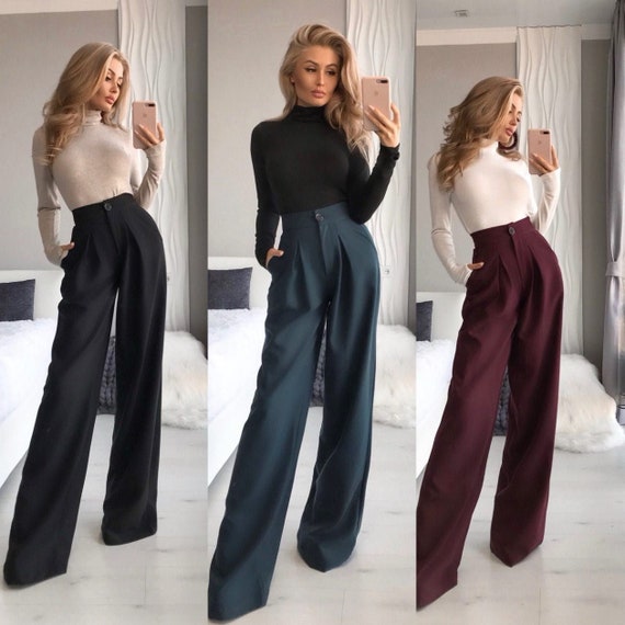 Wide Leg Draped Office Pants Mid-Rise Buttons Fly Woman Pants Solid Color  Floor-Length Formal Pants Female Clothes - AliExpress