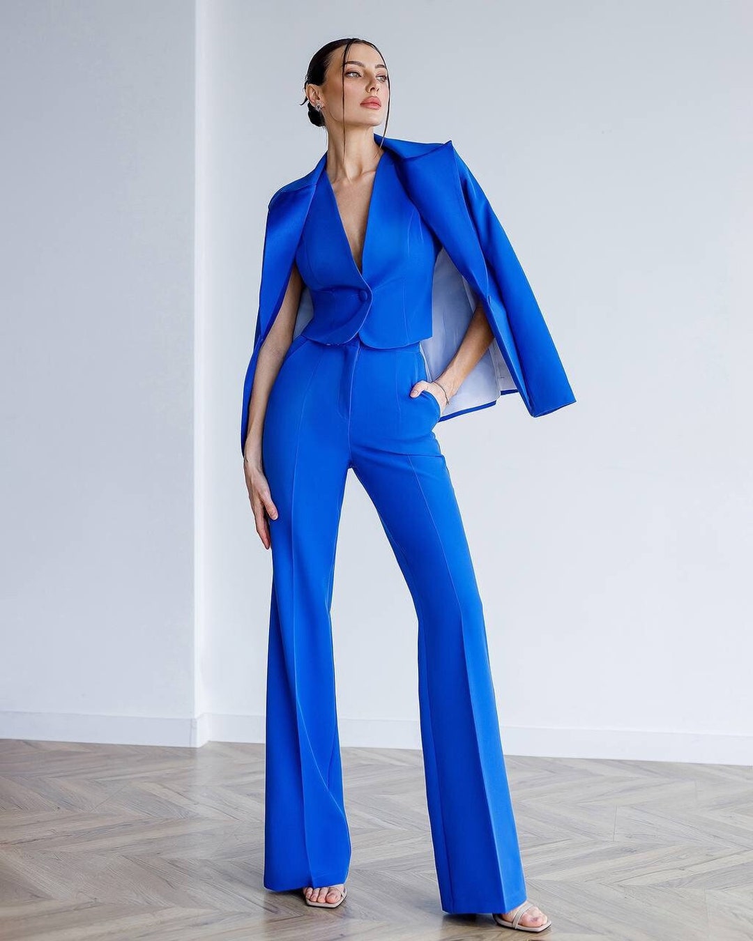 Royal Blue Formal Pantsuit Women, Three Piece Pantsuit, Single Breasted Blazer With Vest Wide