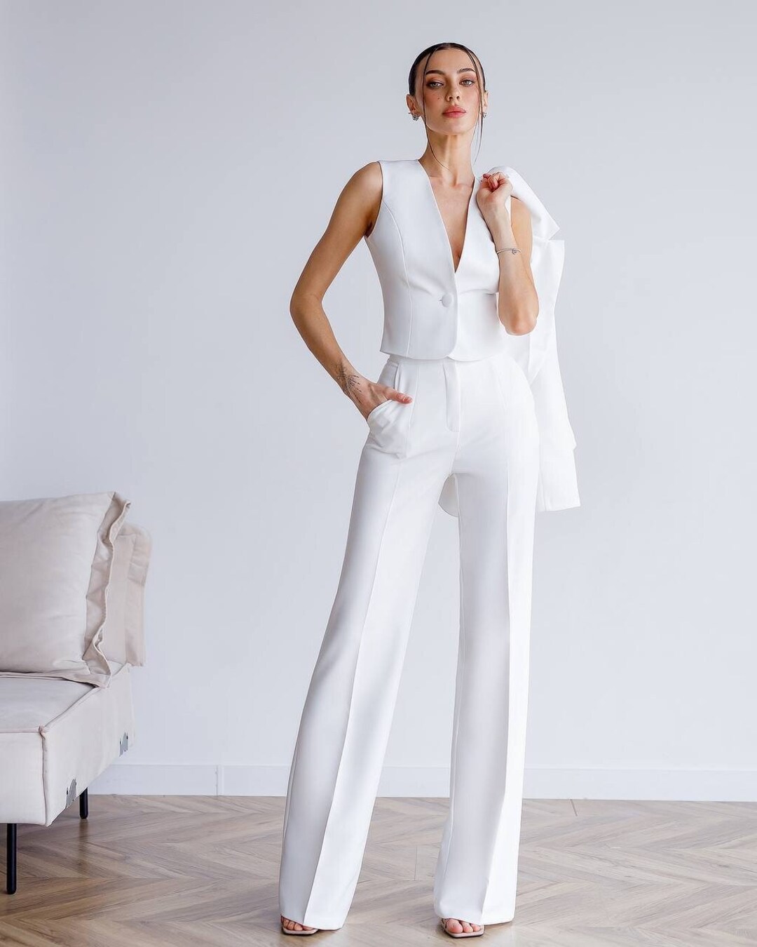 White Formal Pantsuit White Blazer Suit With Satin Collar - Etsy