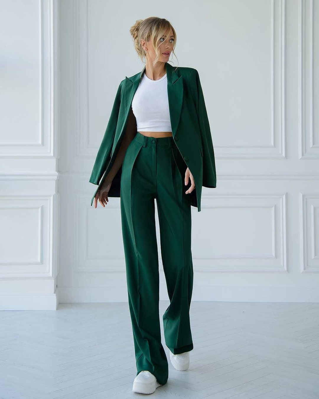  Elegante conjunto de traje de negocios para mujer, chaqueta  corta y pantalones de pierna ancha, trajes de 2 piezas (verde, L) : Ropa,  Zapatos y Joyería