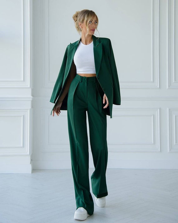 Notched Collar Pant Suit - Olive Green