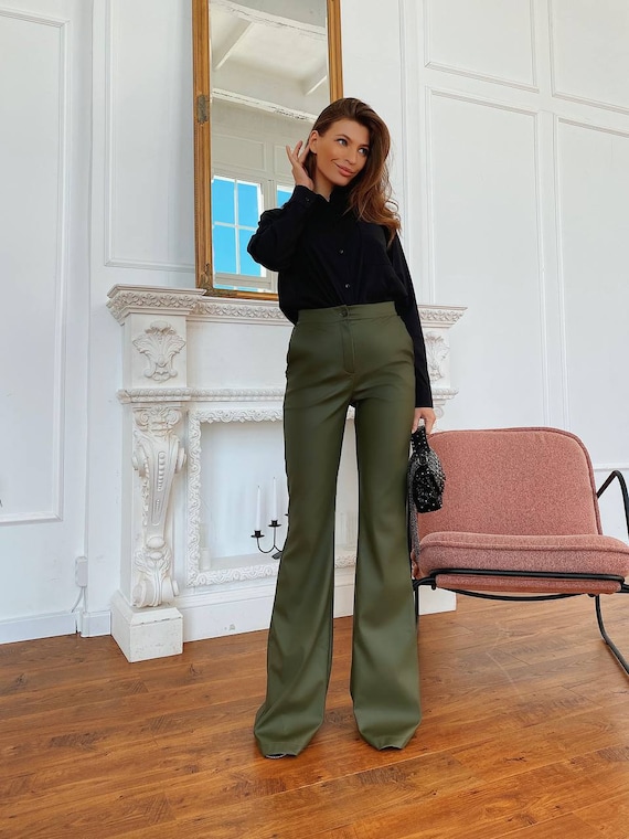 Leather Pants ,leather Bell Bottoms Pants, Beige Leather Trousers