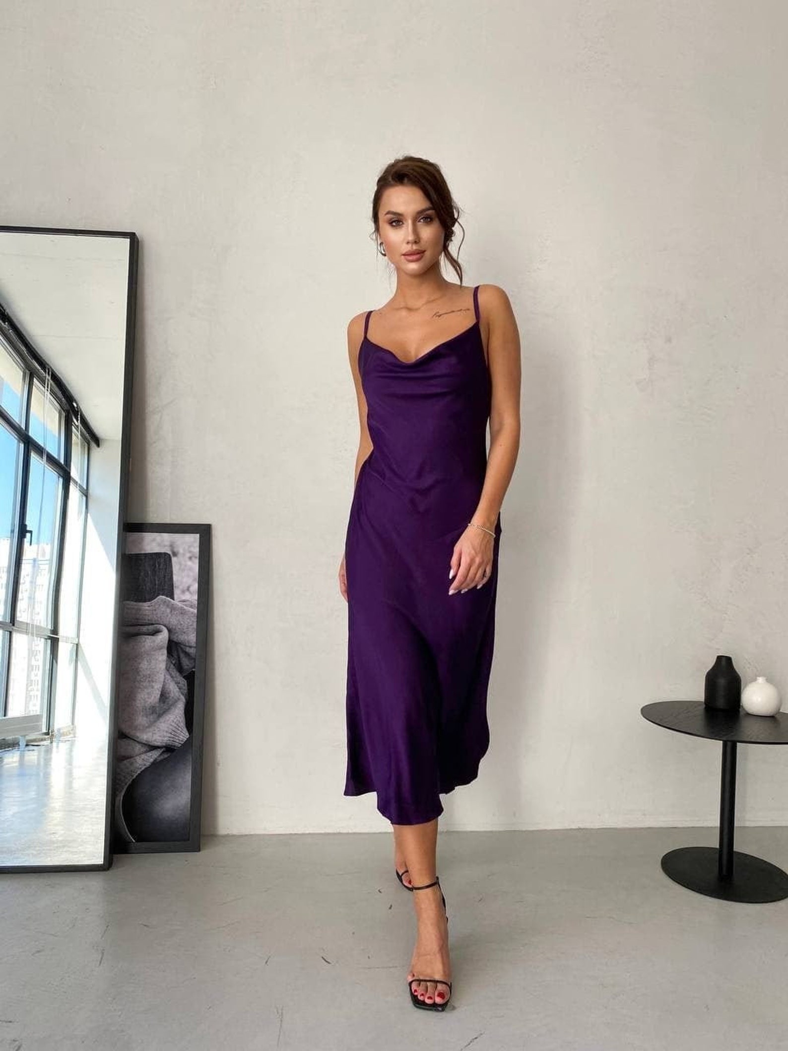 Silk Slip Midi Dress Bridesmaid Dress Purple Dress Evening Etsy