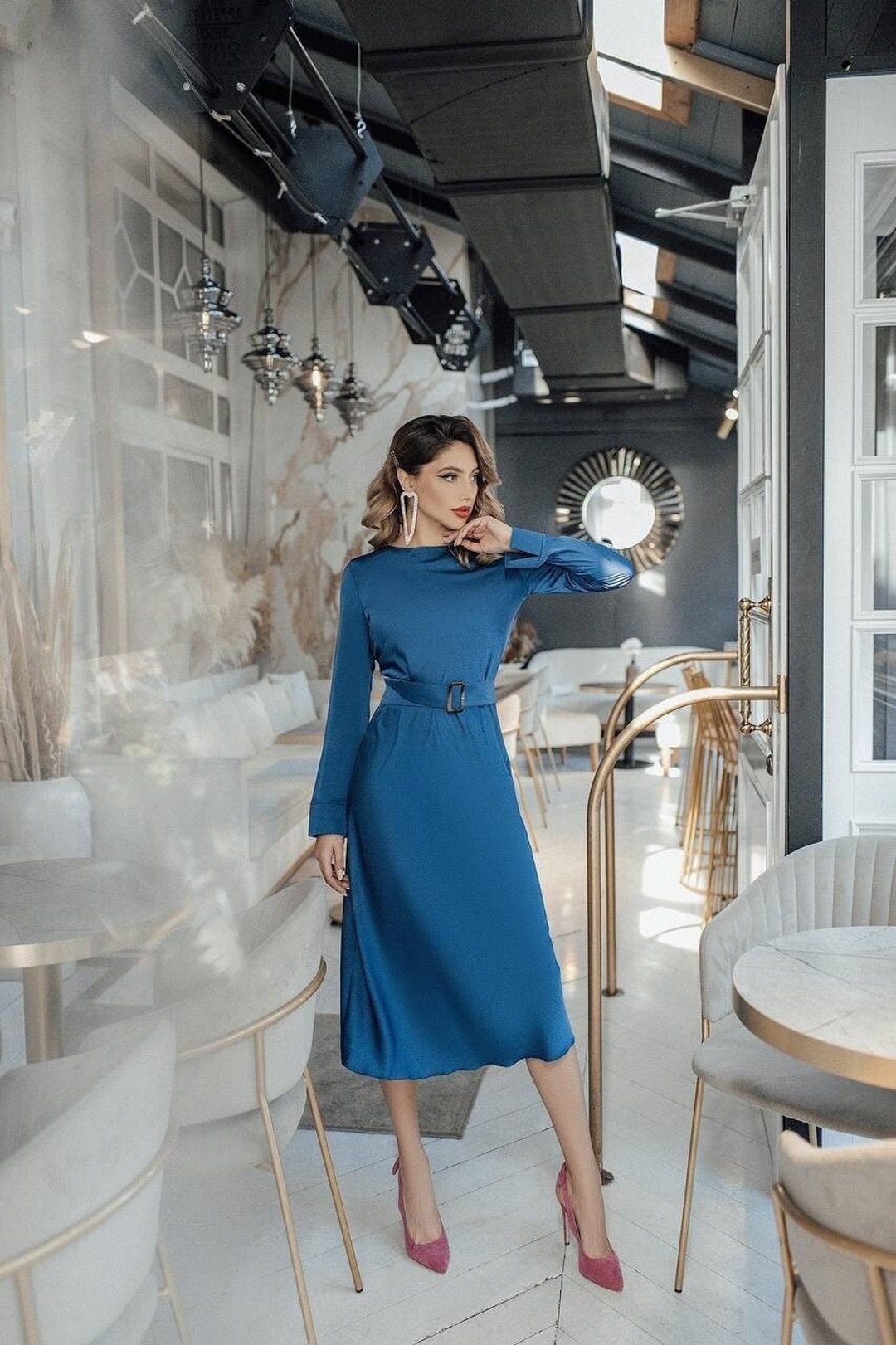 Blue Silk Midi Dress,dress With Belt, Long Sleeve Dress, Midi Dress With  Belt, Evening Dress, Dress for Women , Women Dress by Vils - Etsy