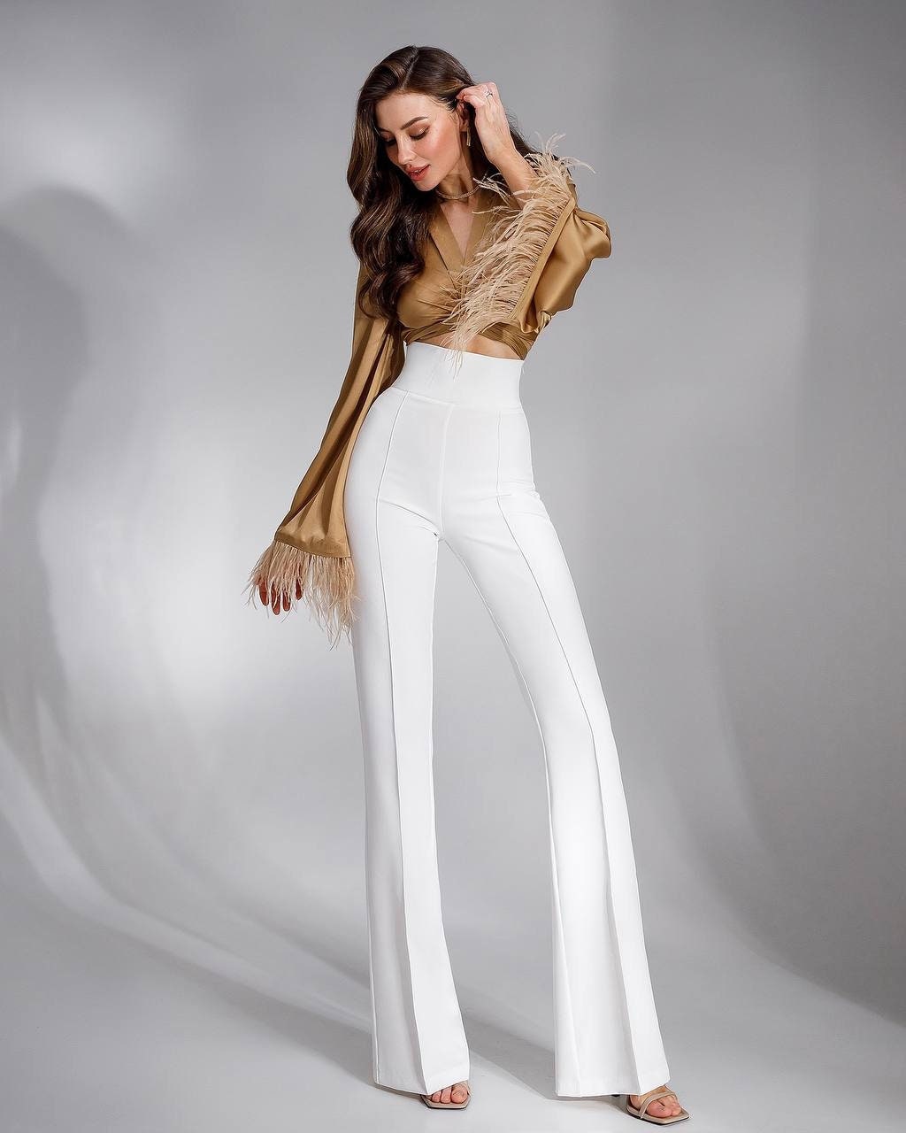 Women White Roma Front Slit Bell Bottom Pants