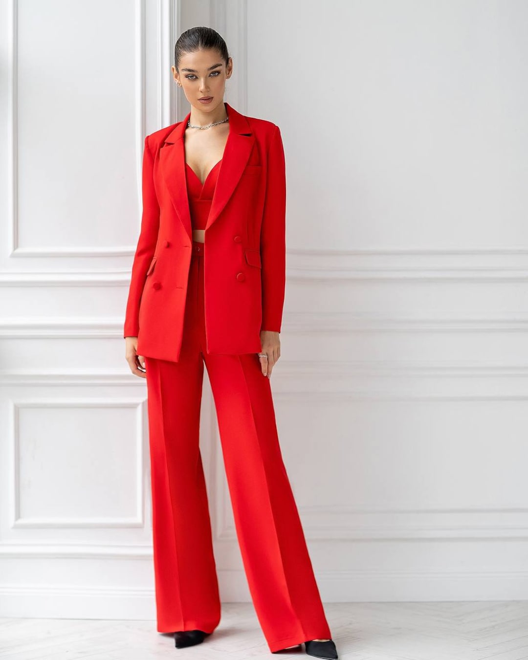 Three Piece Suit, Red Women Pantsuit, Wedding Guest Suit, Wide Leg