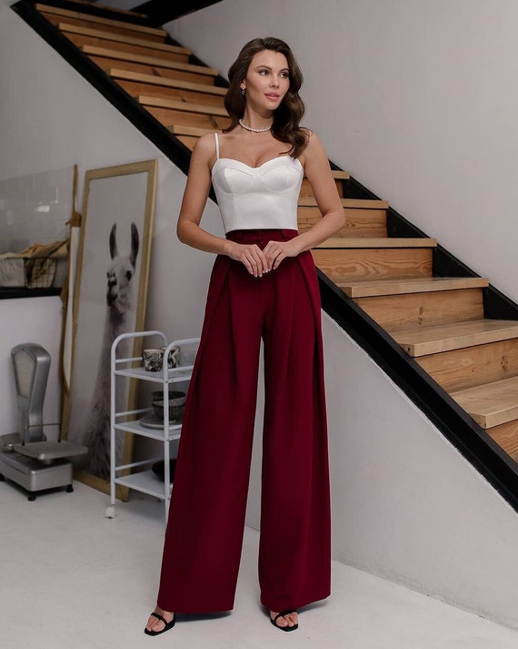 Burgundy High Waisted Palazzo Pants, Wide Leg Pants, Strong Office