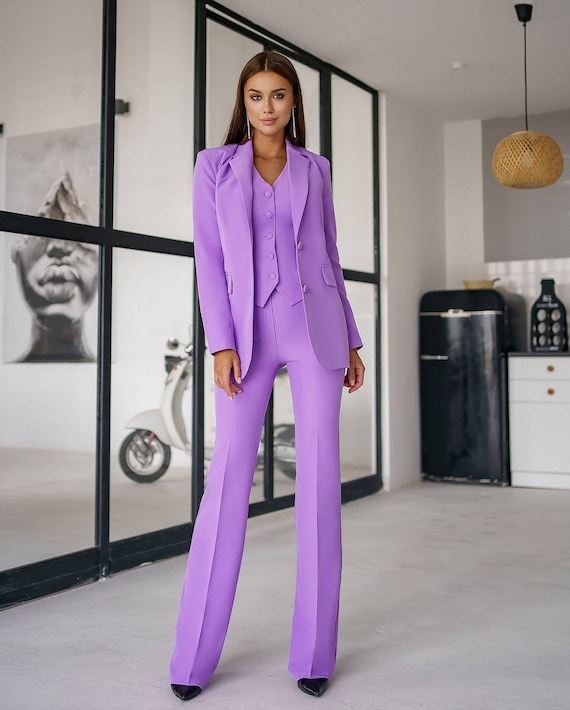 Purple Three Piece Suit for Women, Buttons Blazer Women, Blazer