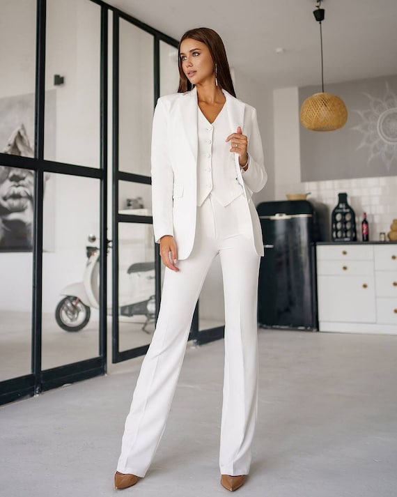 White Women Blazer Trousers Suit, Office 3-piece Women Suit, White