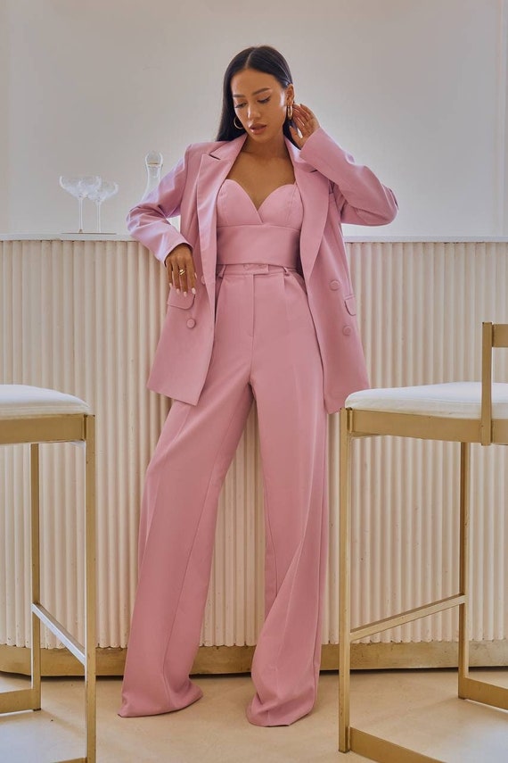 Traje pantalón mujer polvos con cinturón, traje pantalón blazer mujer,  blazer rosa mujer, pantalón ancho, traje de invitada a boda -  México