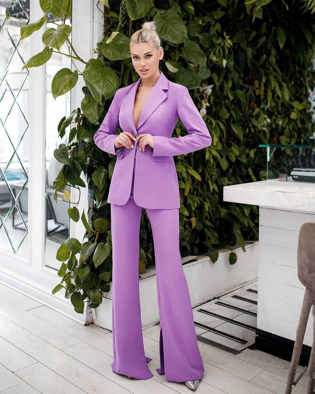 Purple Two Piece Women Suit Wide Leg Pants Women Pantsuit Set