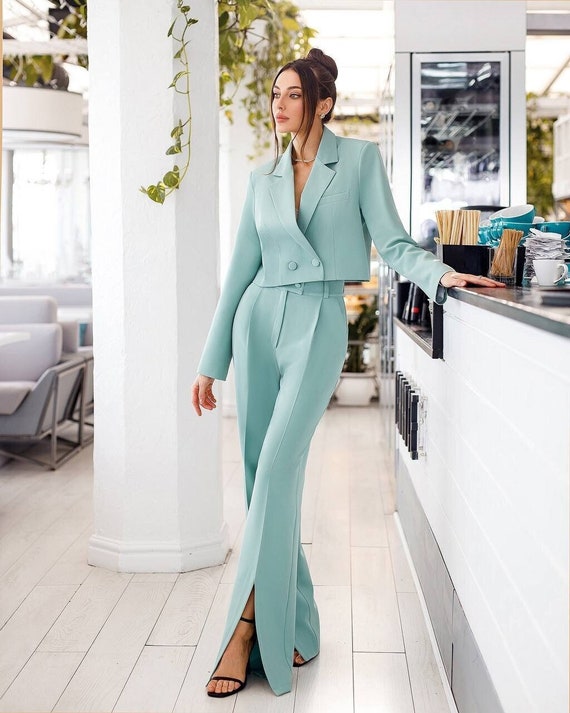 Olive Two Piece Suit, Cropped Blazer With Wide Leg Pants, Office