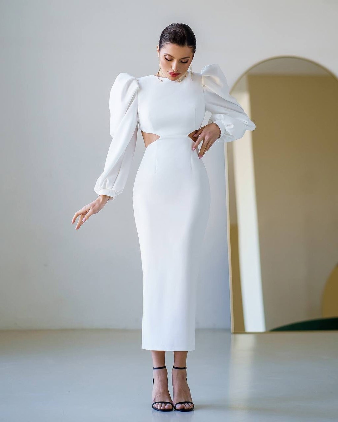 White Long Dress With Puffed Sleeves Dress With Open Back for Etsy