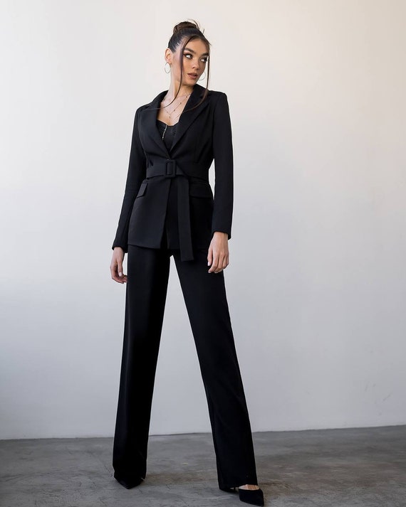 Black Wide Leg Pants With Embellished Blazer Suit, 2-piece Pants and Blazer  Suits, Black Wedding Suit -  Canada