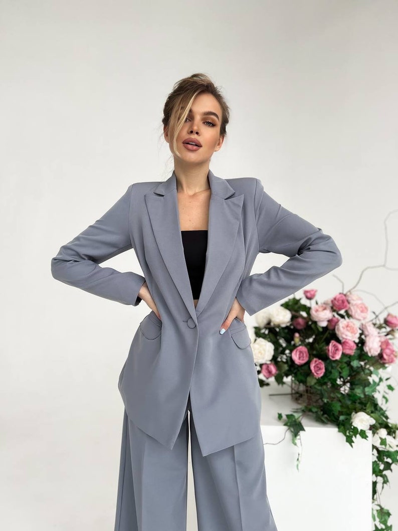 Grey Two Piece Suitwomen Suit Women Suit Setpalazzo Style - Etsy