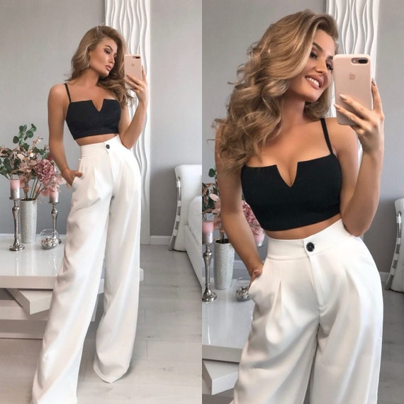 White High Waist Pants Women Pants Office Meeting Pants Wide Leg Pants  White Pants Women Pants Pocket Flare Pants -  Portugal