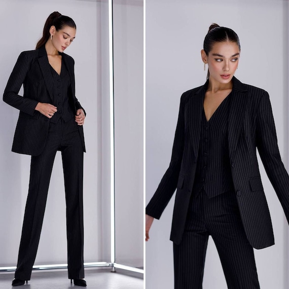 Black Striped Formal Women Suit , Office Women Pantsuit, Occasion