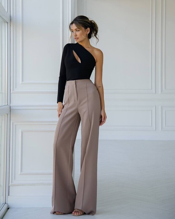 Beige Mokko Women Pants, Tall Women Pants, High Waisted Pants, Office Prom  Trousers, Palazzo Pants Women 