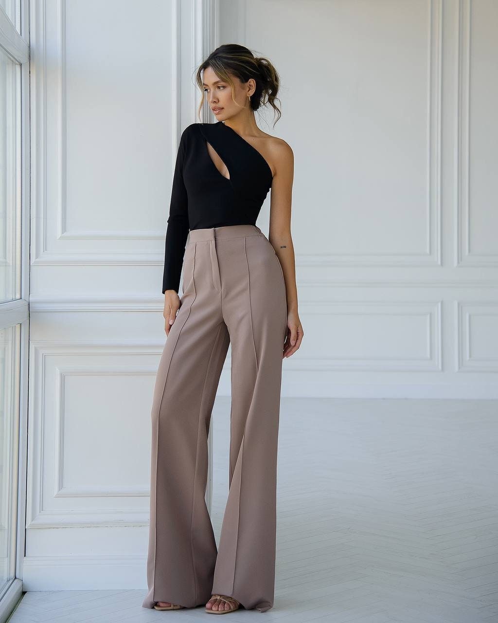 Palazzo pants women - wide leg pants - cotton blend high waist