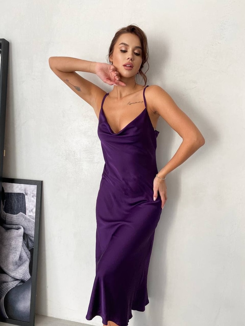 Silk Slip Midi Dress Bridesmaid Dress Purple Dress Evening - Etsy
