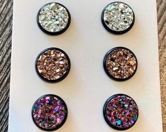 Druzy stud earring set, 10mm druzy stud trio, pack of 3 small studs, glitter sparkly studs, 10mm circle stud set earrings for women & girls