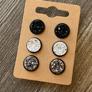 12mm black druzy stud earring set, 12mm druzy studs, druzy stud trio, glitter stud earrings for women, set of 3 12mm druzy studs,black studs