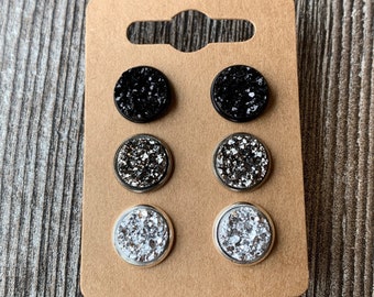 Black Druzy stud earring set, 12mm studs, druzy stud trio, set of 3 studs for women, silver stud earrings, sparkle studs, glitter earrings