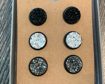 Druzy stud earring set, 10mm druzy stud trio, set of 3 studs for women, glitter studs, black sparkly earrings, Christmas gift for girls,