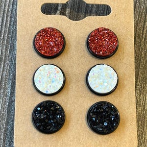 Druzy Stud Earrings Set: Red, White Glitter, Black - 12mm