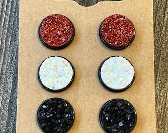 Druzy Stud Earrings Set: Red, White Glitter, Black - 12mm