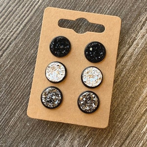 12mm black druzy stud earring set, 12mm druzy glitter studs, druzy stud trio, stud earrings for women, set of 3 studs, pack of 3 studs girls