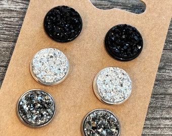 Black Druzy stud earring set, 12mm studs, druzy stud trio, set of 3 studs for women, silver stud earrings, sparkle studs, glitter earrings