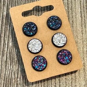 12mm Druzy stud earring set, set of 3 studs for women, sparkly glitter studs, druzy stud trio,druzy stud 3 pack,metallic blue glitter studs