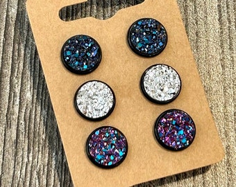 12mm Druzy Stud Earring Set: Blue and Silver Metallic Glitter Trio