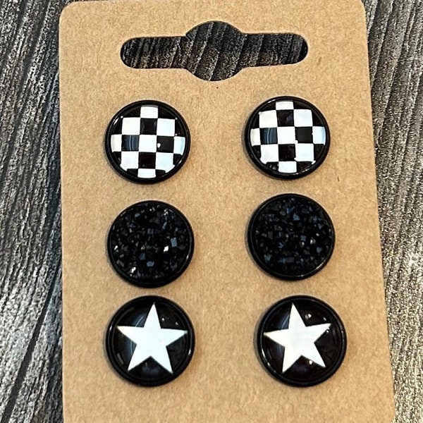 Druzy stud earring set, 12mm druzy Cabochon studs, set of 3 studs for women, checkered star stud earrings, black and white stud earrings,