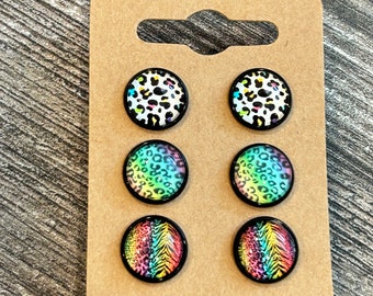 Leopard rainbow studs earring set, 12mm animal print druzy cabochon studs, set of 3 studs for women girls, rainbow zebra leopard studs